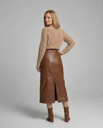 Lederrock Damen Lang Knopfleiste Schwarz Elegent