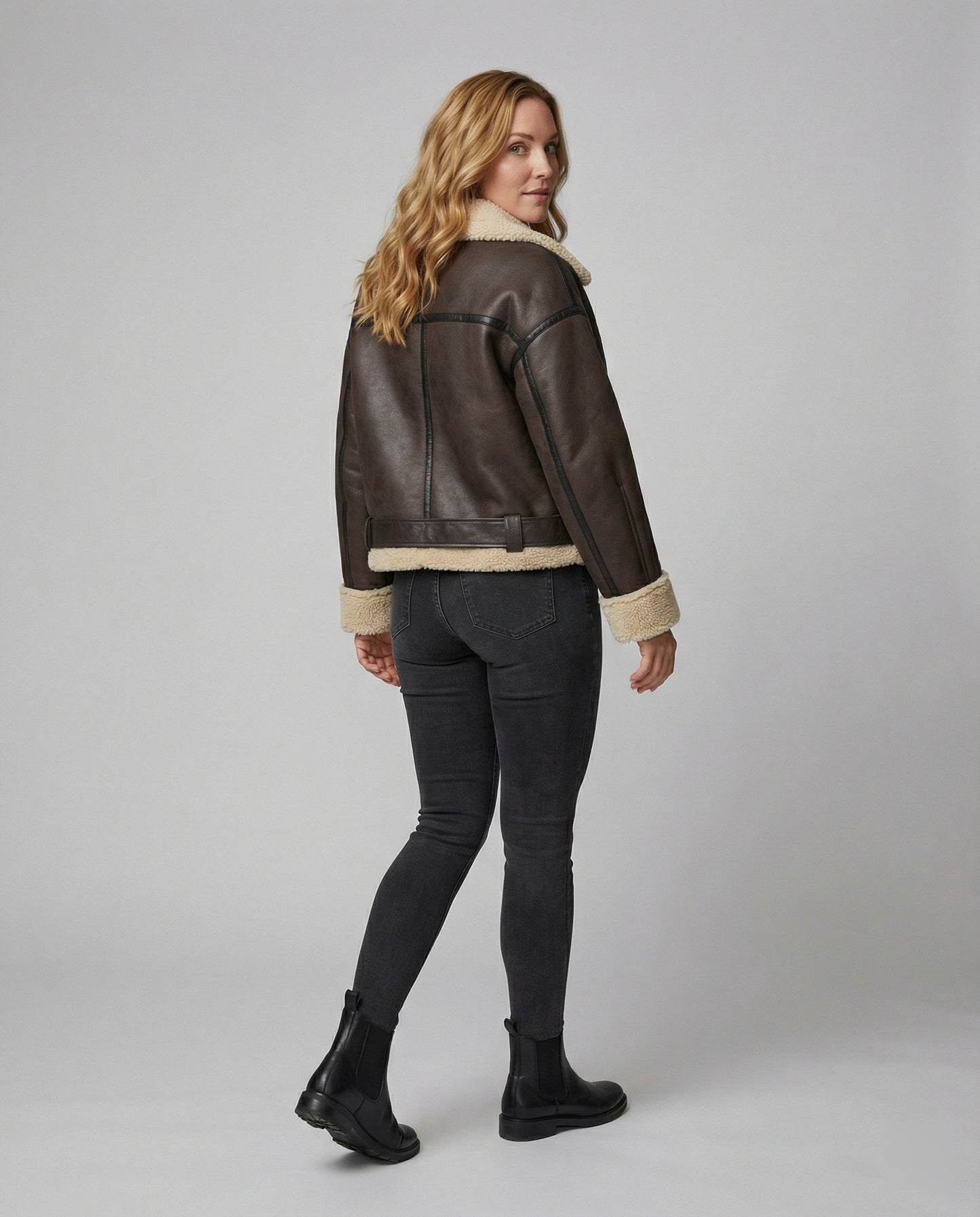 Lederjacke Damen Lang Teddyfutter Gürtel Schwarz