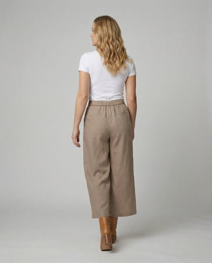 Damen Leinenhose Weite Bein mit Gummibund und Taschen