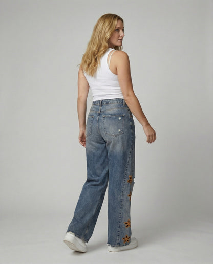 Weite Damen Jeans Blumenmuster Bunt