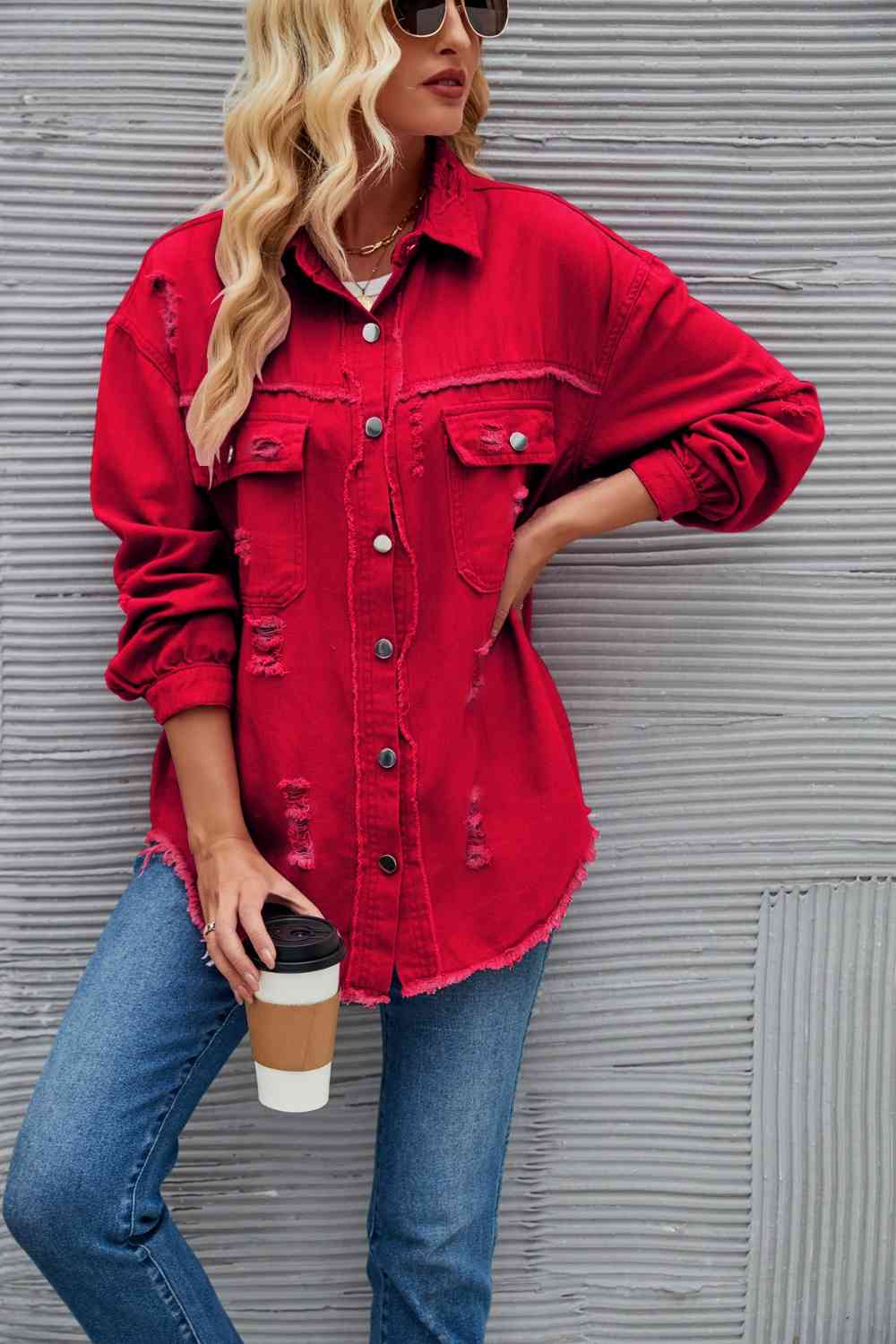 Rohsaum Denimjacke Zerrissen Trendig Frauenjacke