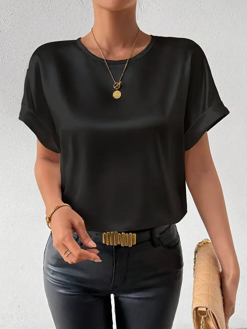 Damen T-Shirt Satin Optik Umschlag Ärmel Elegantes Design