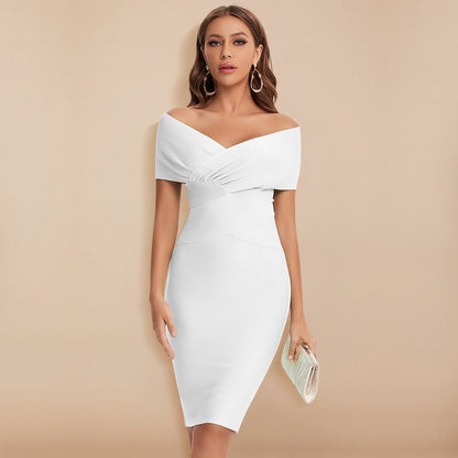 BEAUKEY 2020 Summer Women Sexy Off Shoulder V Neck HL Bandage Dress Green Bodycon Sheath Elegant Knee Length Party Club Vestido - Wolf Fashion
