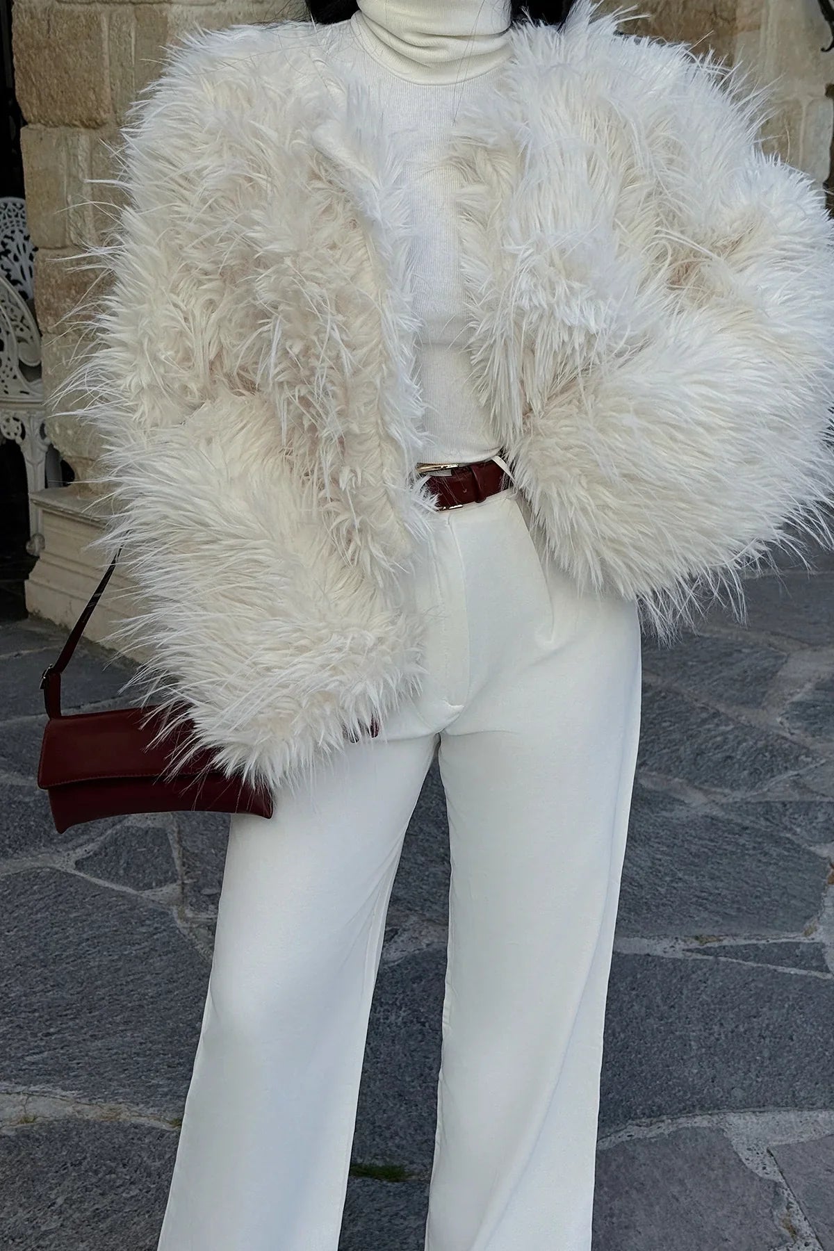 Weißer Kunstpelzmantel Damen Elegant Lang