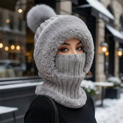 Warme Wintermütze 2-in-1 mit Schlauchschal und Kunstfell