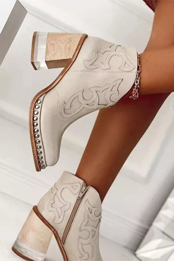 Nude Stiefeletten Damen Western Blockabsatz mit Nieten