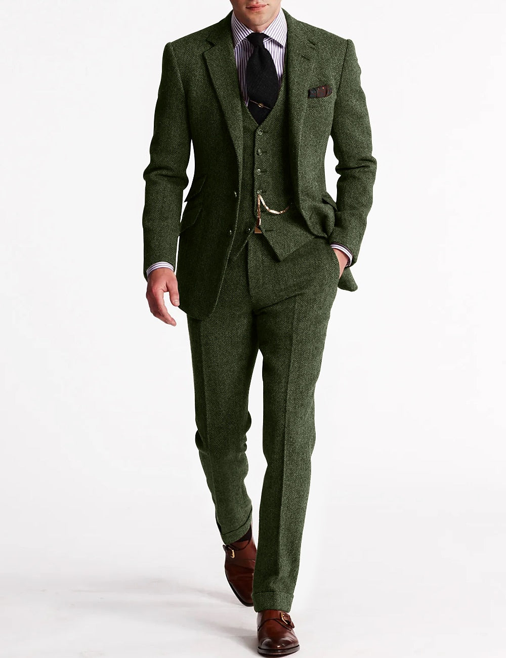 Herrenanzug Klassisch Dreiteilig Tweed Schwarz