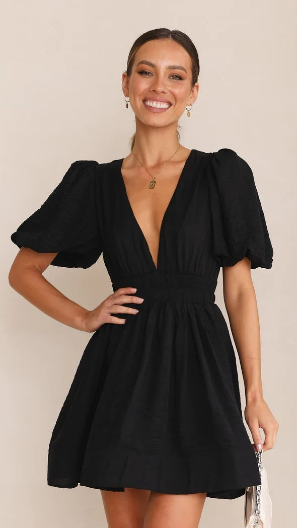 Damen Minikleid Frühling Puffärmel Sommerkleid
