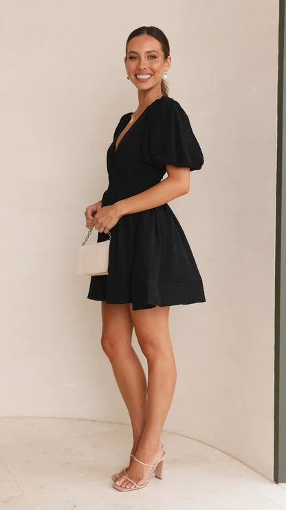 Damen Minikleid Frühling Puffärmel Sommerkleid