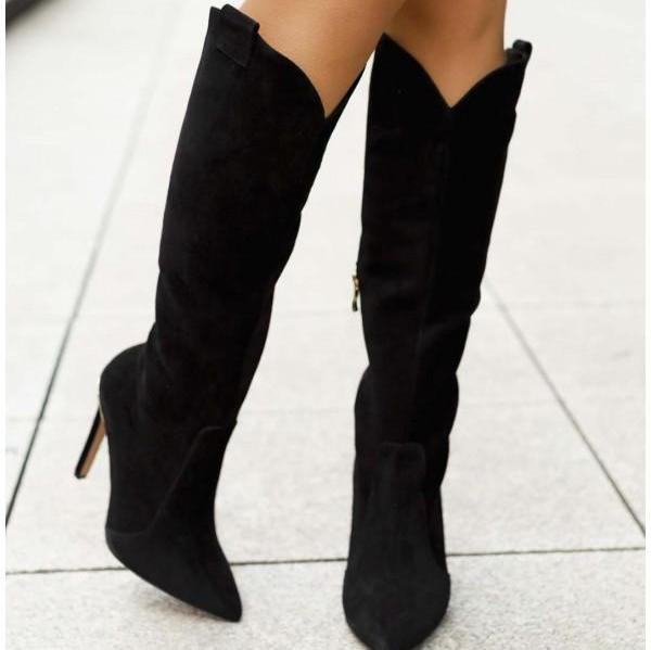 Kniestiefel Stiletto Damen Schuhe Reißverschluss Seitenzipper Schwarz