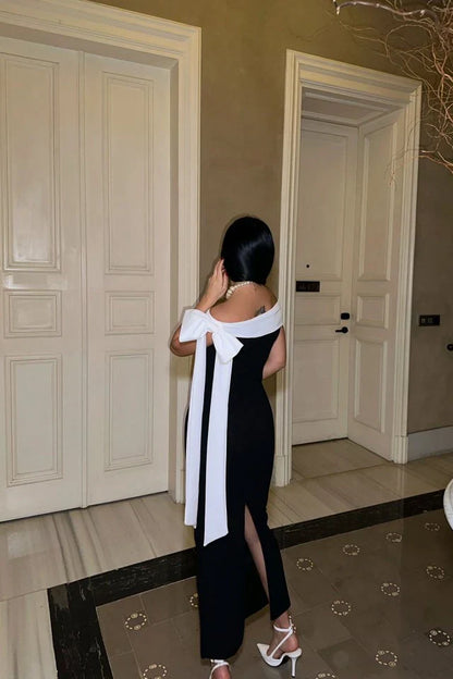 Schwarzes Off-Shoulder Midikleid mit Weißem Schleifendetail Elegent