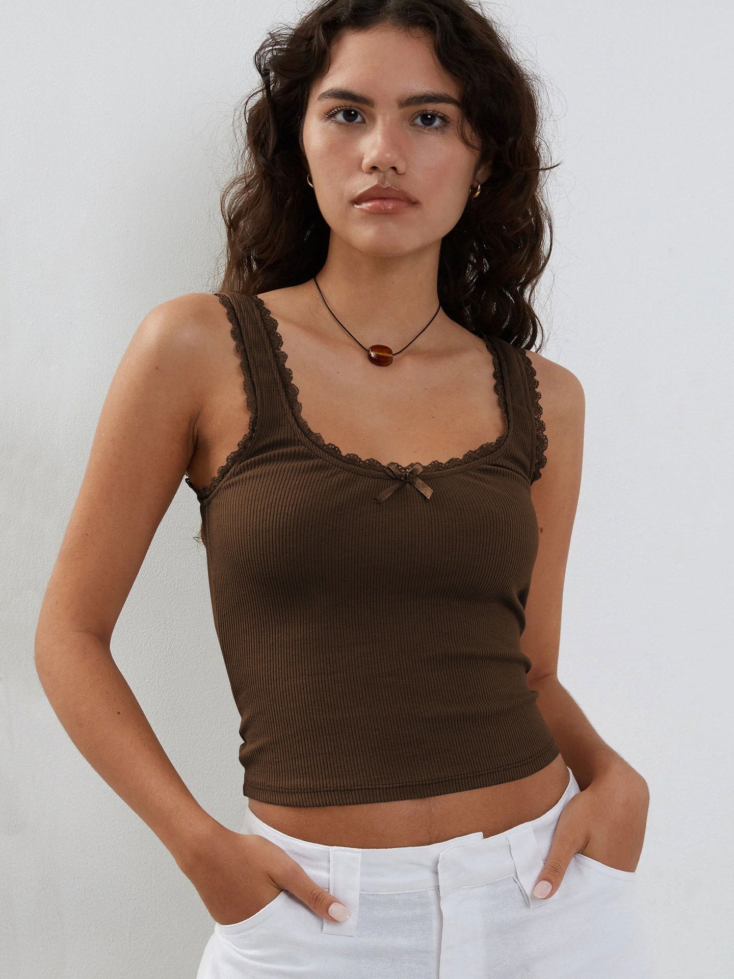 Frauen Tanktop Spitzenbesatz Romantic Weiß
