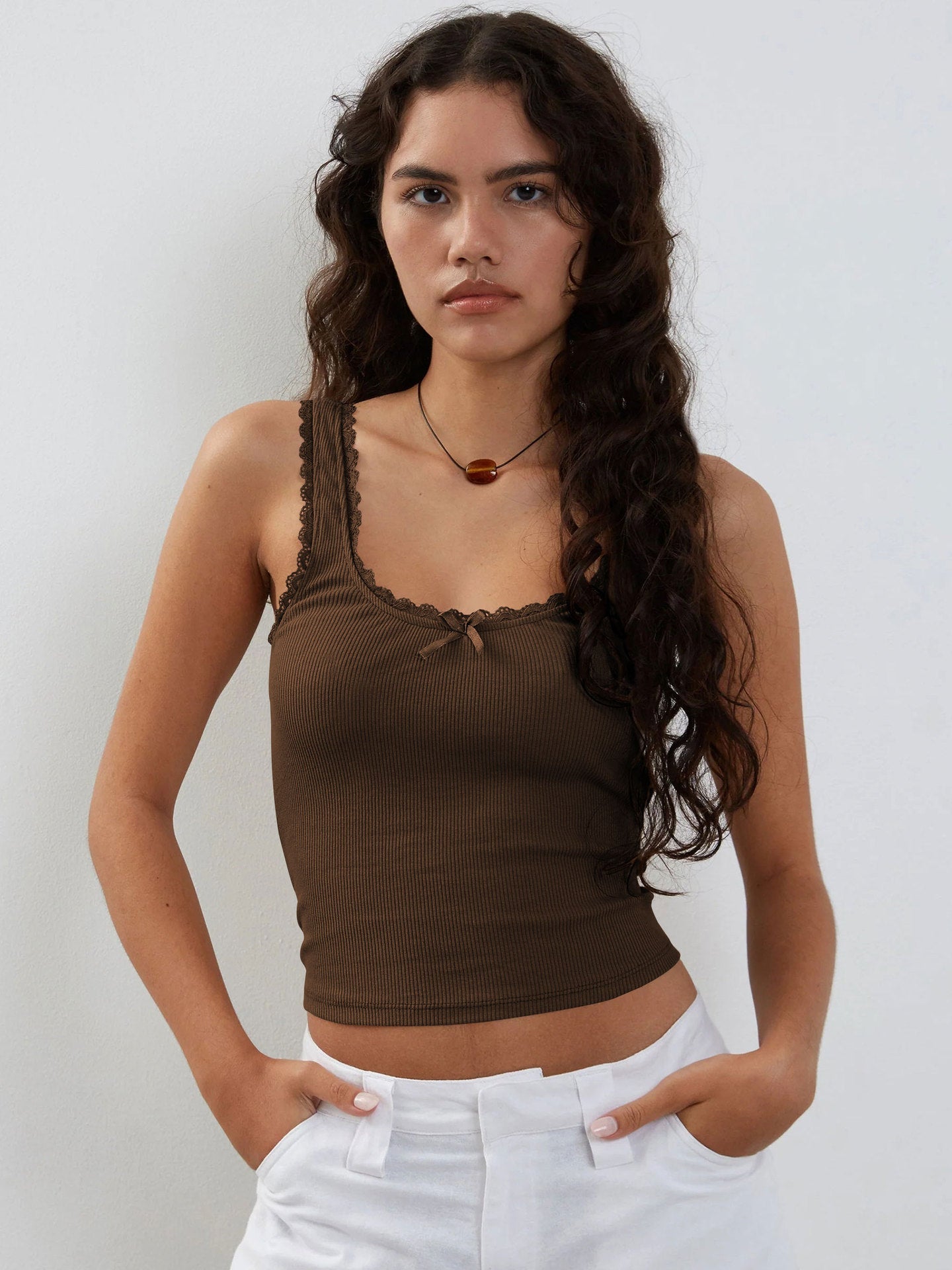 Frauen Tanktop Spitzenbesatz Romantic Weiß