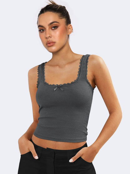 Frauen Tanktop Spitzenbesatz Romantic Weiß