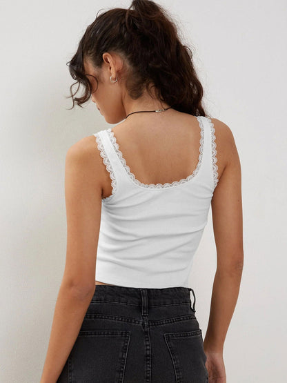 Frauen Tanktop Spitzenbesatz Romantic Weiß