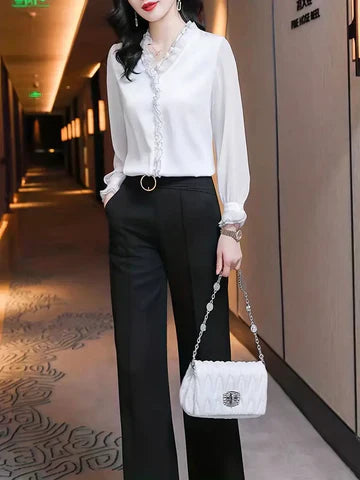 Elegante Damen Bluse Langarm Rüschen Schwarz