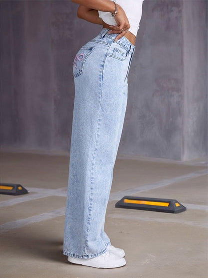 Hohe Taille Damenjeans Weite Bein Spitzen Detail
