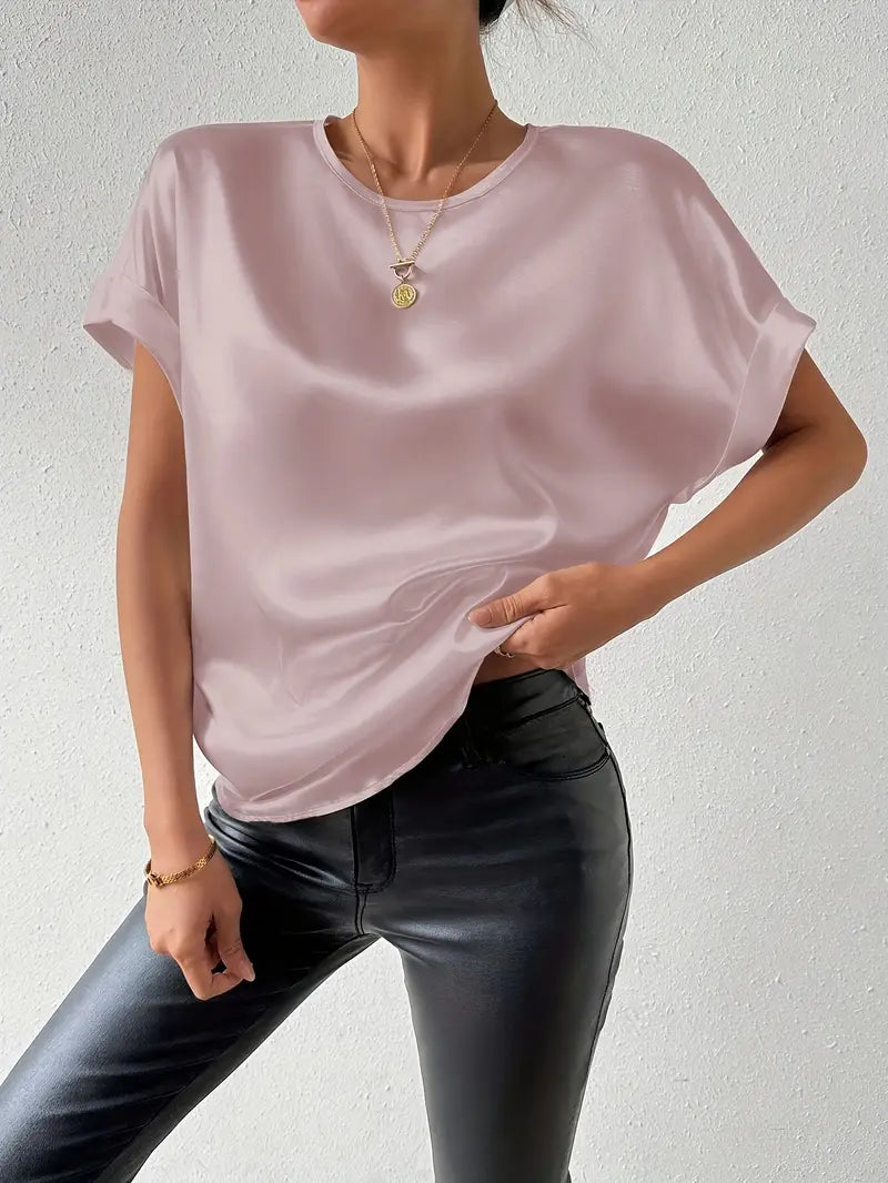 Damen T-Shirt Satin Optik Umschlag Ärmel Elegantes Design