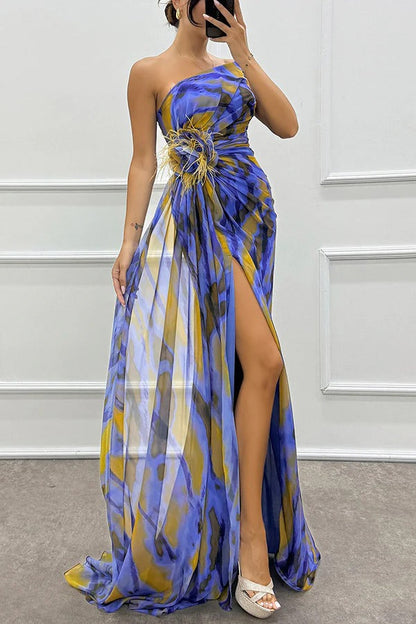 Schulterfreies Abendkleid Damen Lang Maxikleid mit Hochschlitz