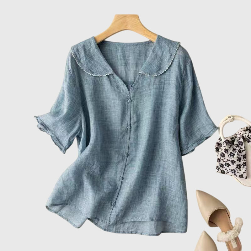 Damen Bluse Kurzärmlig Knopfleiste Elegante Bluse