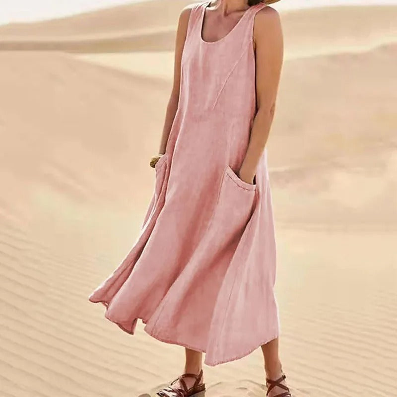 Leinenkleid Damen Ärmellos Sommerkleid mit Taschen - BerlinGlamour