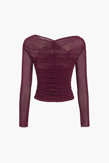 Damen Oberteil Langarm Mesh Top mit Rüschen