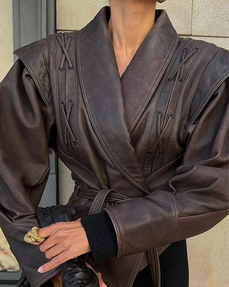 Lederjacke Lange Ärmel Schwarz Ledermantel Damen - BerlinGlamour