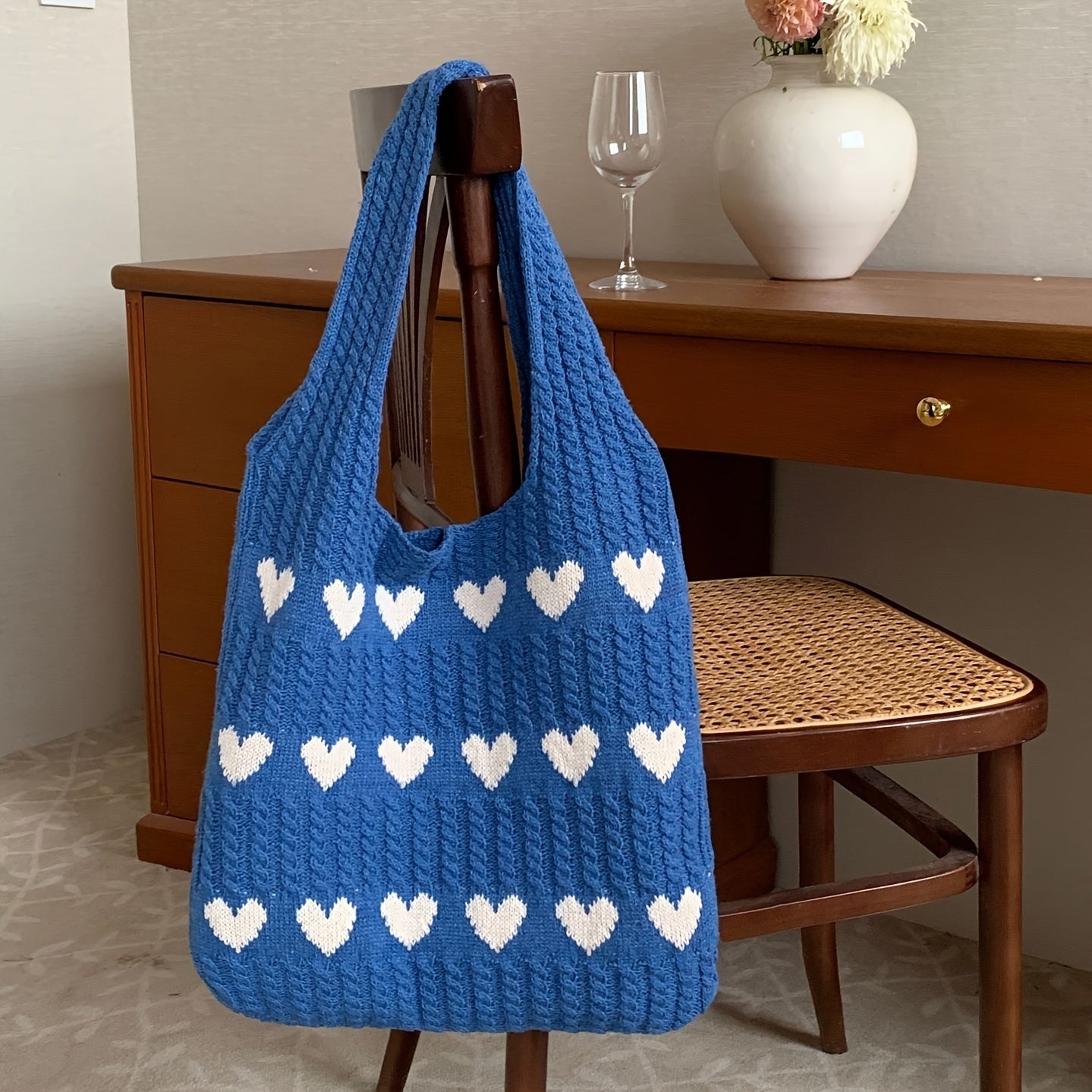 Handgefertigte Stricktasche Herz Muster Frauen