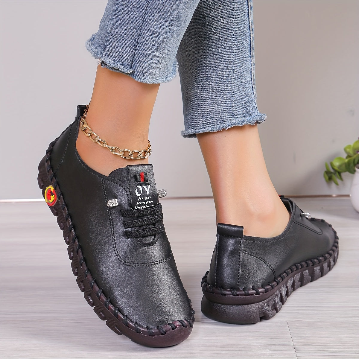 Bequeme Lederschuhe Runde Spitze Elegant Damen