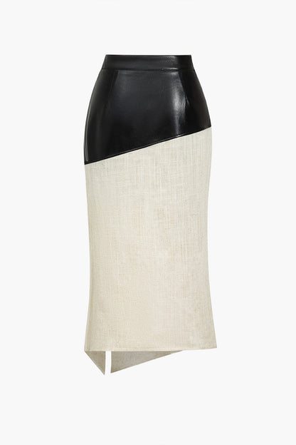 Eleganter Midirock Asymmetrisch Kunstleder Leinen Look
