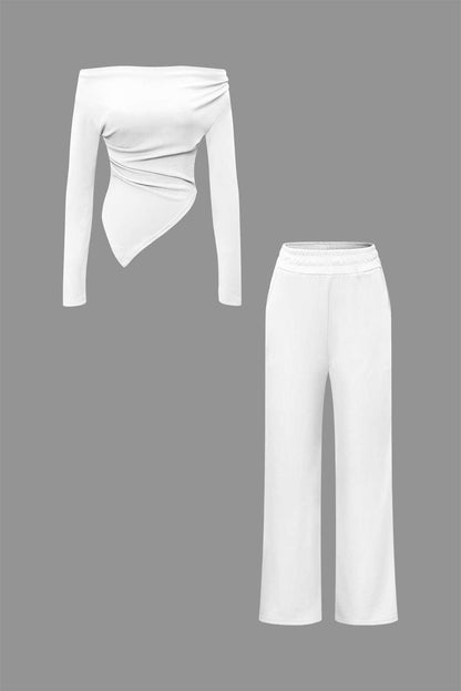 Elegantes Damen Zweiteiler Set Asymmetrisch mit Weiten Hosen