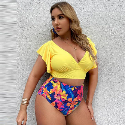 Badeanzug Groß Größe Hochtaille Rüschendruck Damen