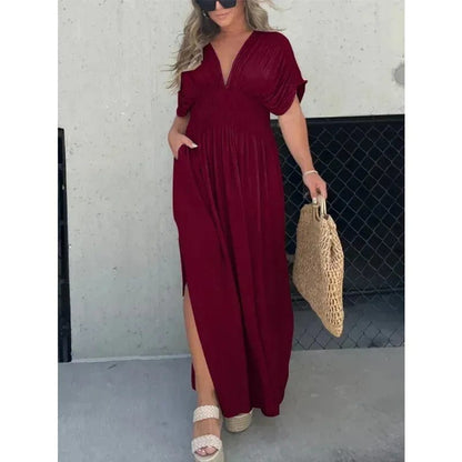 Langes Damen Maxikleid Sommer Boho Strandkleid mit V-Ausschnitt