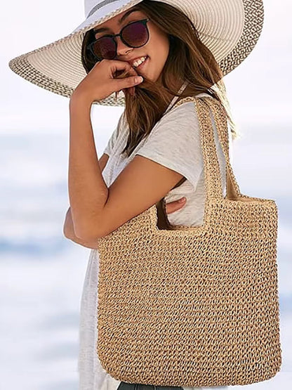 Grobe Stroh-Tasche Gehäkelt Doppelhenkel Schultertasche Sommer