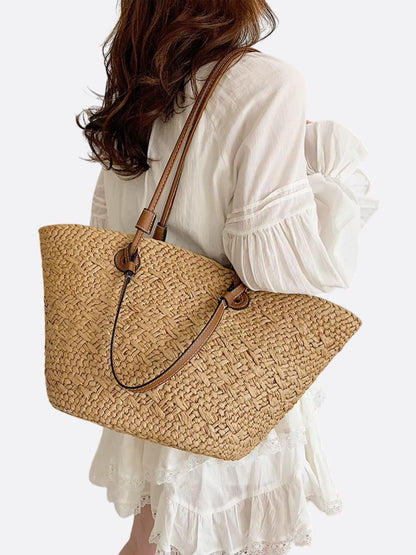 Trapez-Strohtasche Damen mit Lederriemen und Korbdesign