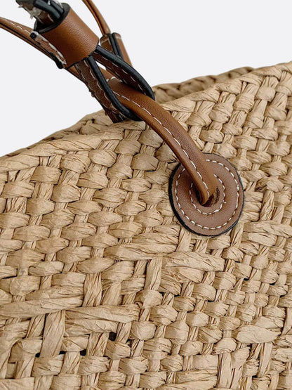 Trapez-Strohtasche Damen mit Lederriemen und Korbdesign