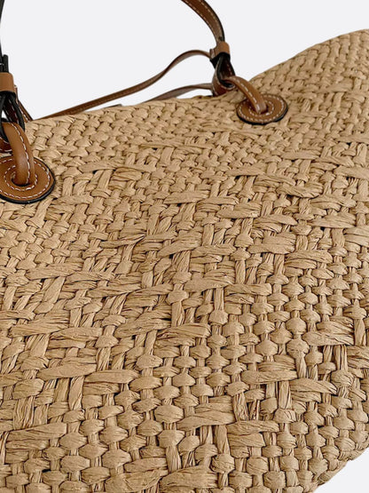 Trapez-Strohtasche Damen mit Lederriemen und Korbdesign
