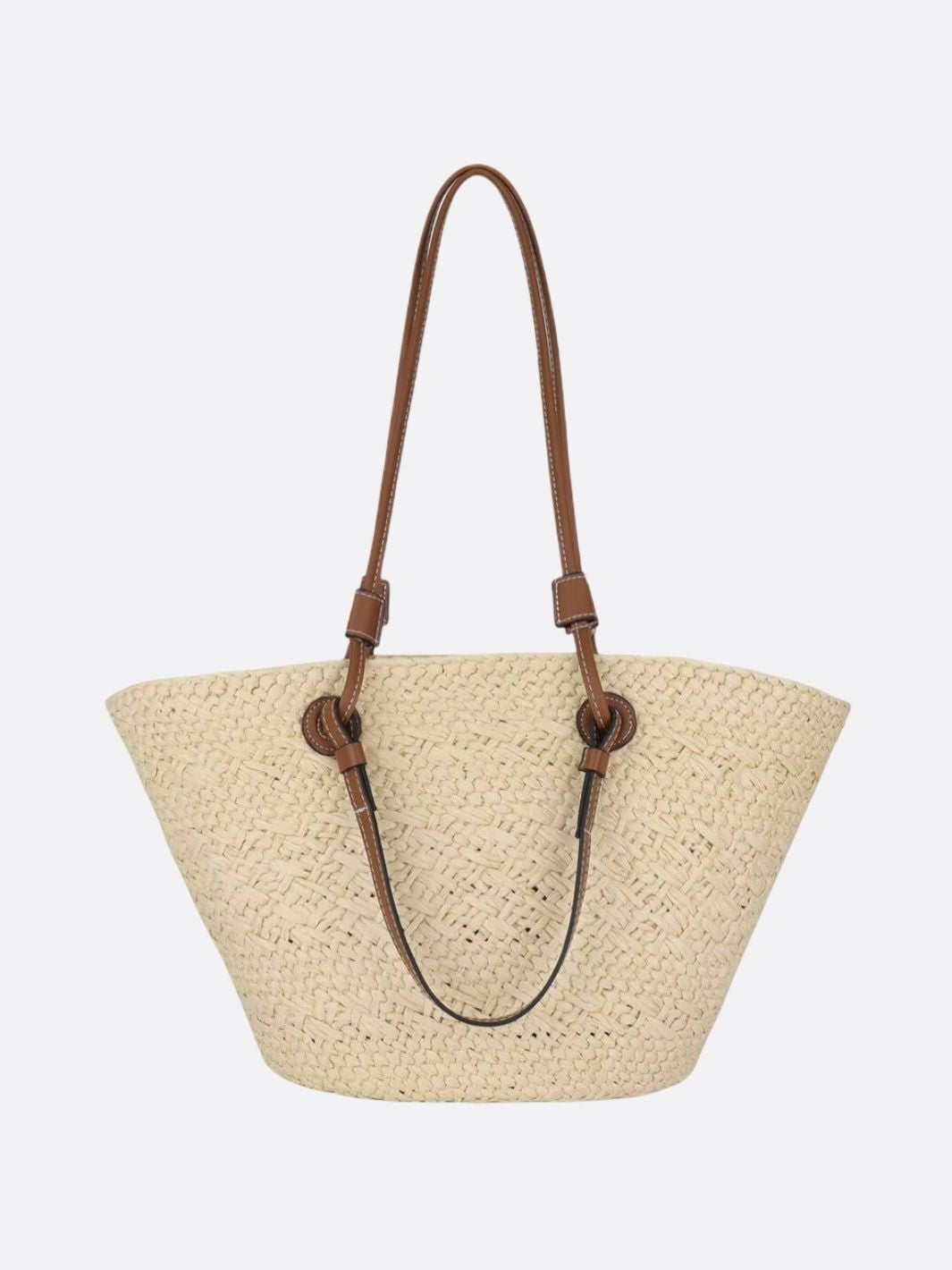 Trapez-Strohtasche Damen mit Lederriemen und Korbdesign