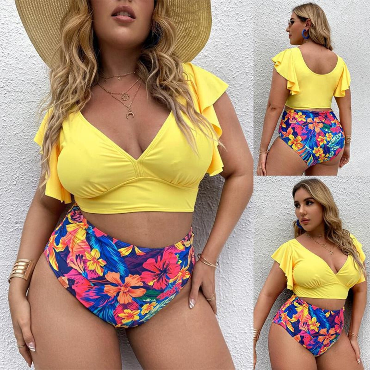 Badeanzug Groß Größe Hochtaille Rüschendruck Damen
