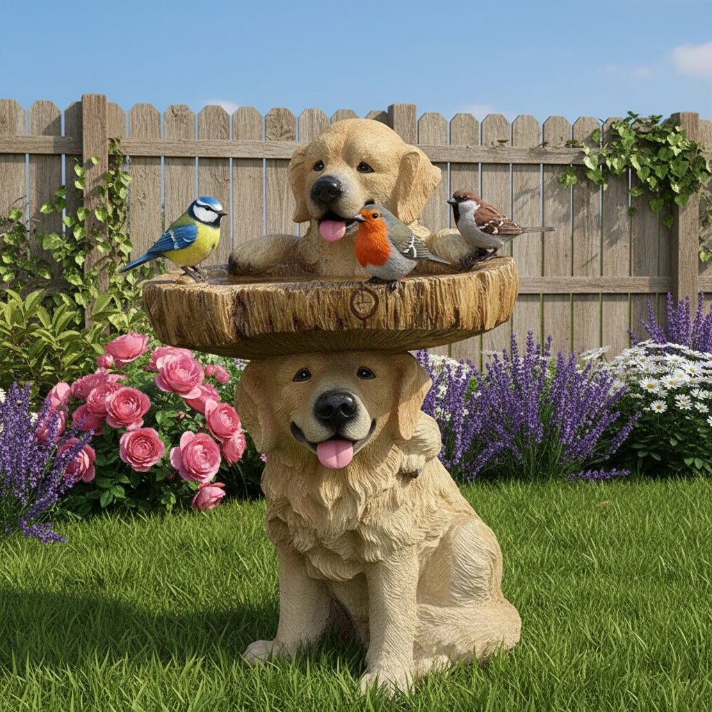 Gartenstatue Welpen Golden Retriever Dekor Vogelbad