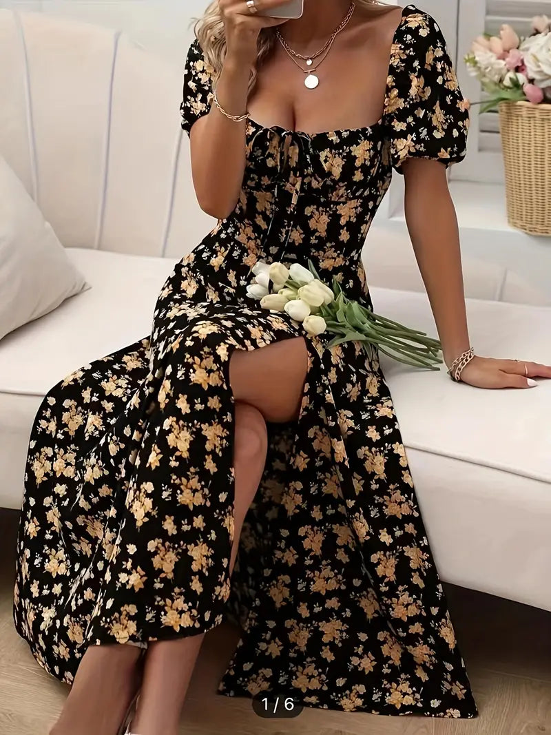 Schickes A-Linien-Kleid mit Puffärmeln Blumendruck Damenkleid