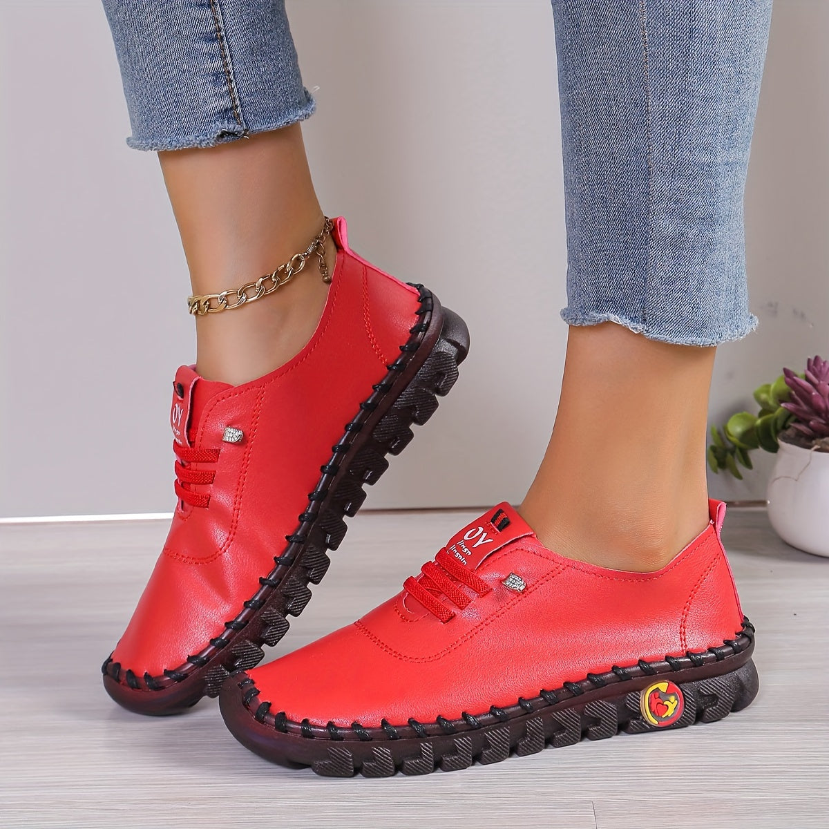 Bequeme Lederschuhe Runde Spitze Elegant Damen