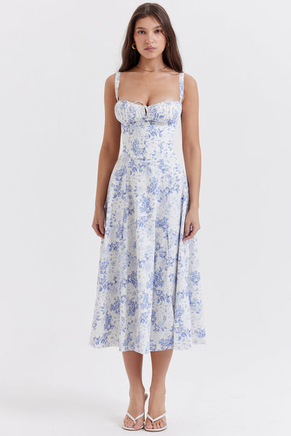 Midikleid mit Blumenmuster und Corsage Top Blau Weiß - BerlinGlamour