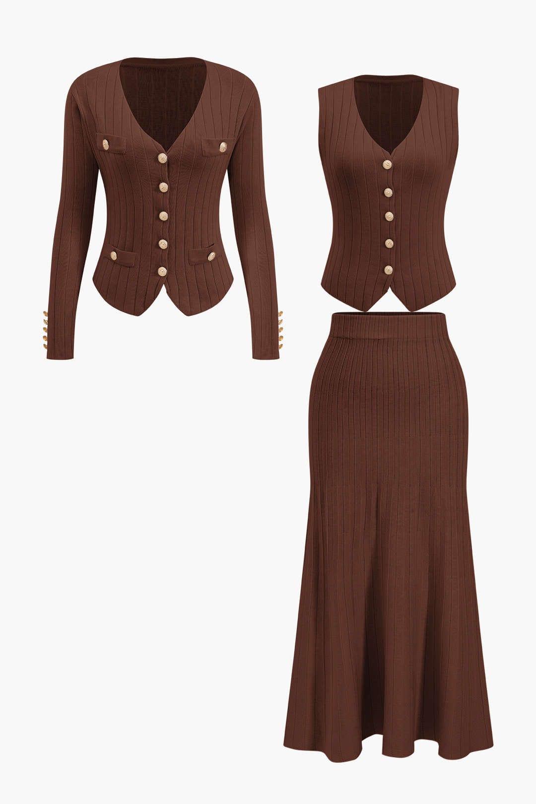 Damen Strick-Set mit Blazer, Weste und Midirock - BerlinGlamour