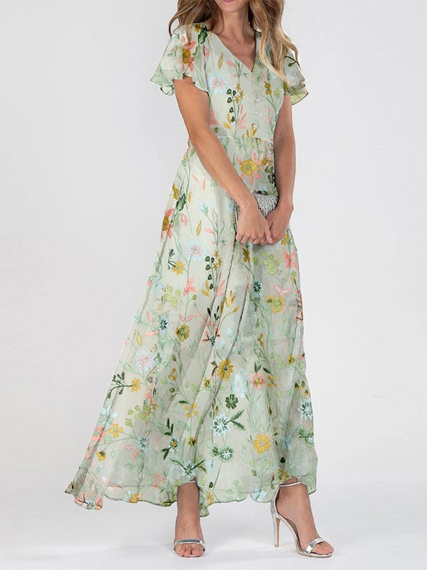Sommerkleid Damen Maxi V-Ausschnitt Florales Kleid Lang - BerlinGlamour