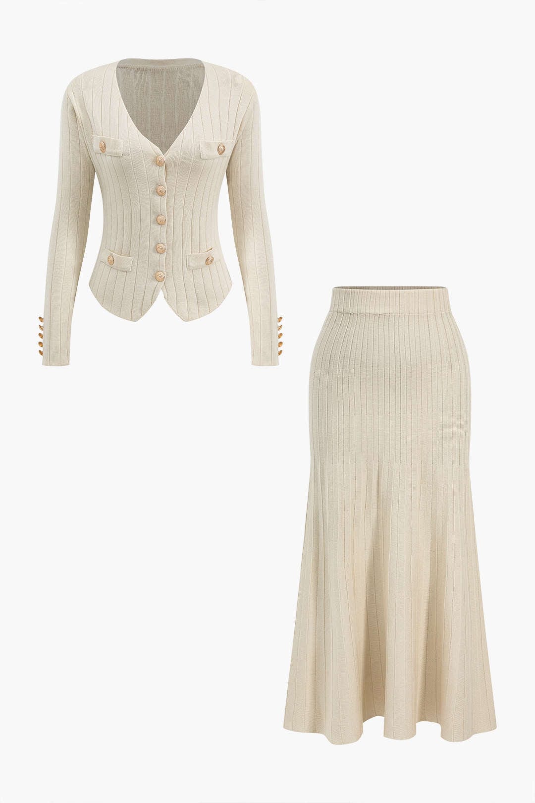 Damen Strick-Set mit Blazer, Weste und Midirock