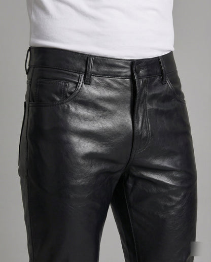 Herren Slimfit Hose Kunstleder Steppdetails Schwarz