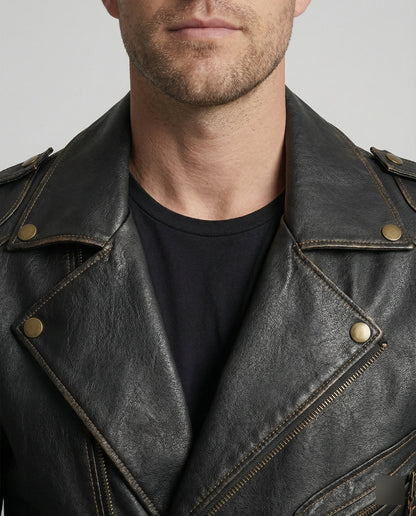 Lederjacke Herren Asymmetrisch Reißverschluss Schwarz