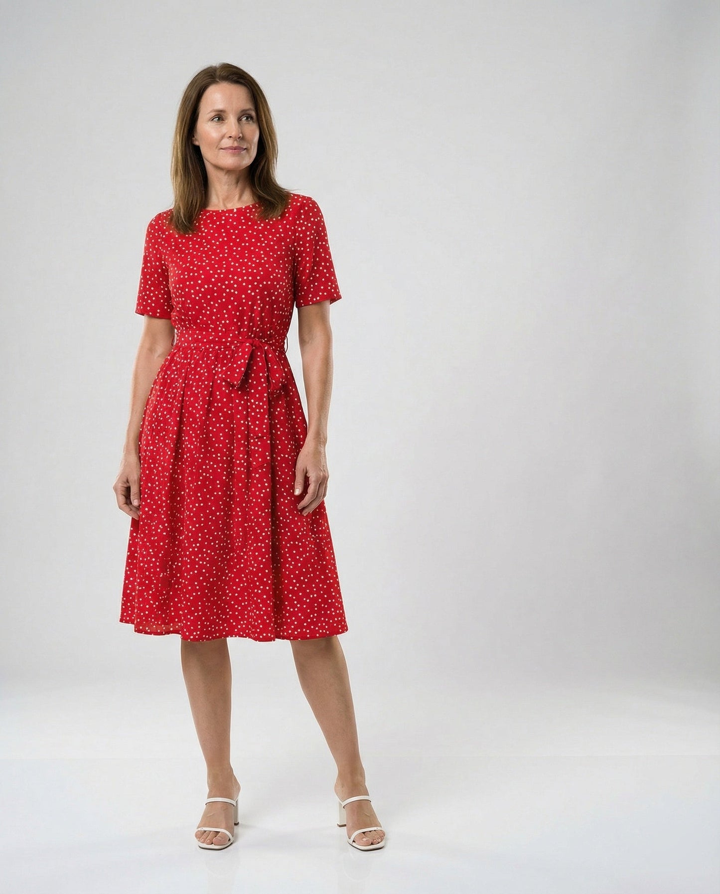 Damen Midi-Kleid Punkte Taillengürtel Elegant