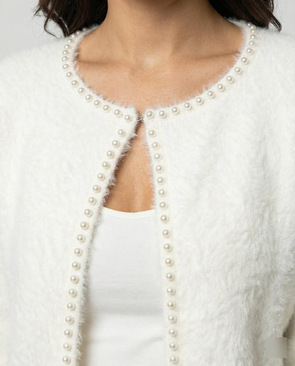 Damen Strickjacke Flauschig mit Perlen Verzierung